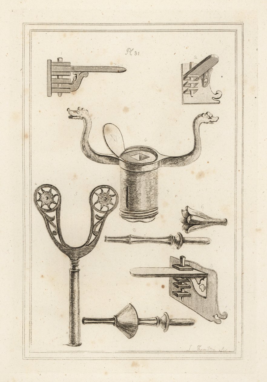 Descanso de lança 1,2,3, descanso de mosquete 4,5, coronel ou coronel de uma lança basculante 6, mira ou cabo de uma lança basculante com placa de van ou protetor de mão 7, e lança basculante sem placa de van 8 de Unbekannt