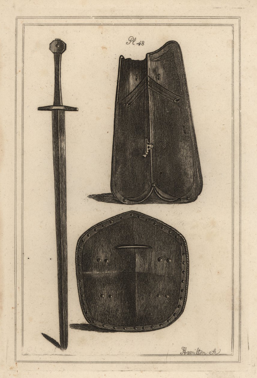 Peitoral grande ou cuirass 1, escudo perfurado no centro 2 e espada de duas mãos que pertenciam todos a Guy, Conde de Warwick 3, gravação em placa de cobre por J de Unbekannt