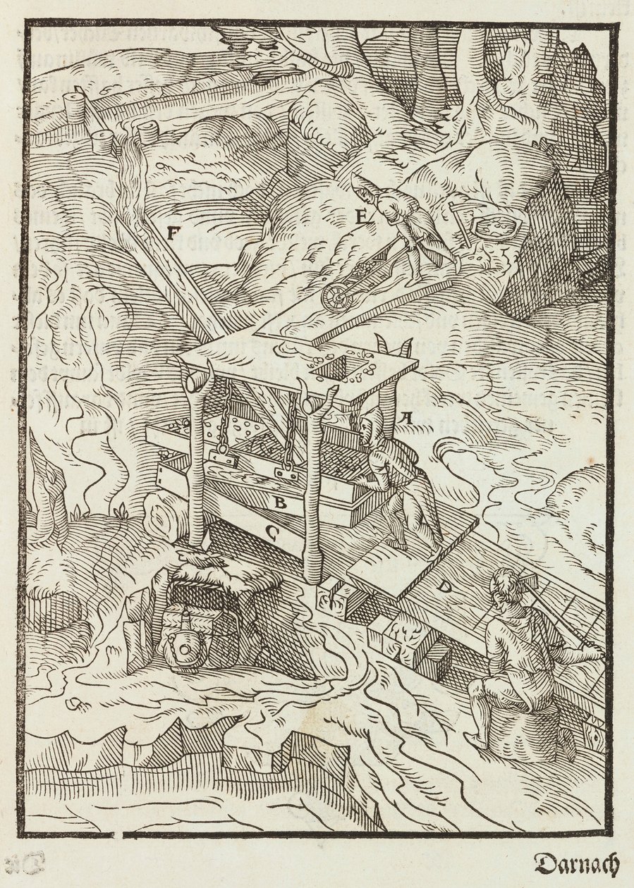 Lavagem do minério de ouro - Gravura de Description des minerais et des principales methodes d