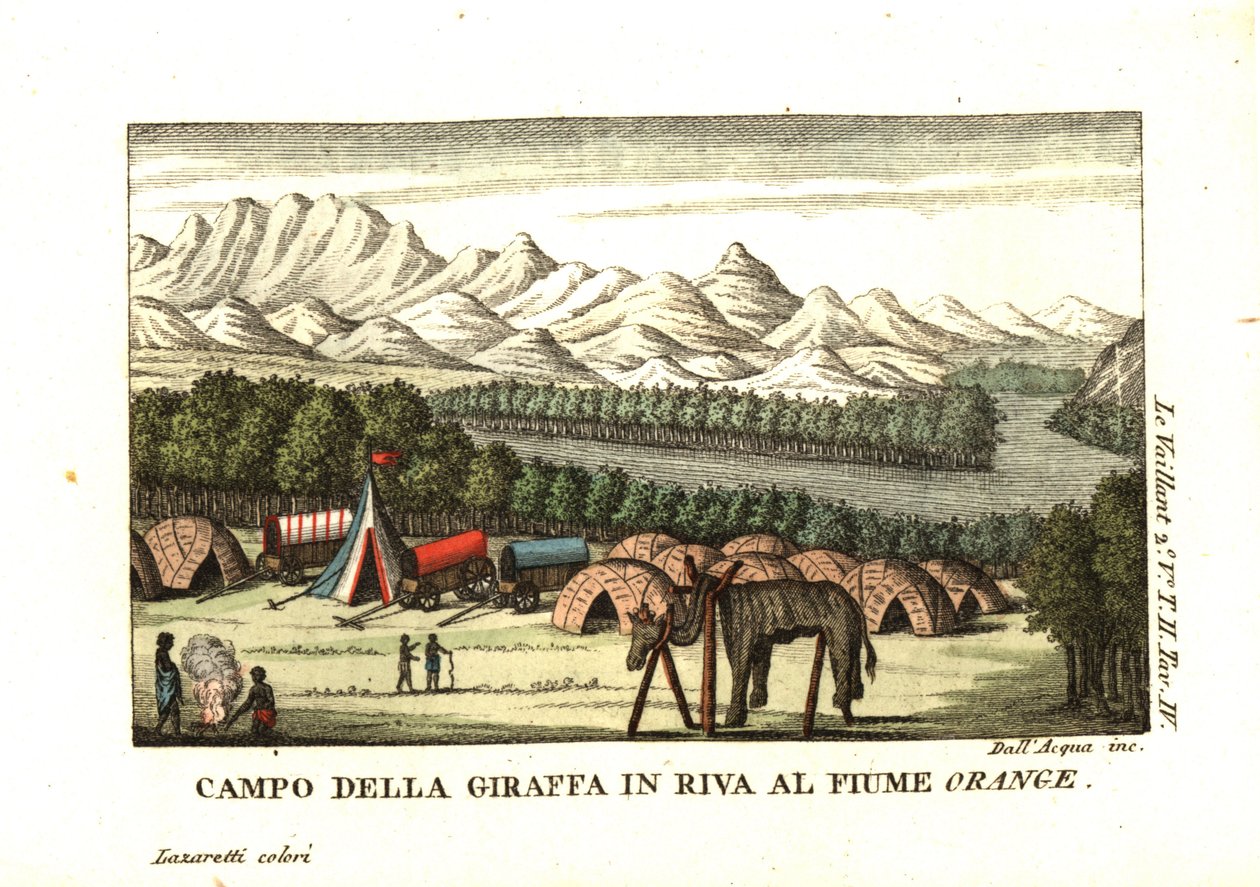 O acampamento de Le Vaillant nas margens do rio Orange, em Richtersveld. Uma pele de girafa está a ser taxidermizada numa moldura. De François Le Vaillant (Levaillant de Unbekannter Künstler