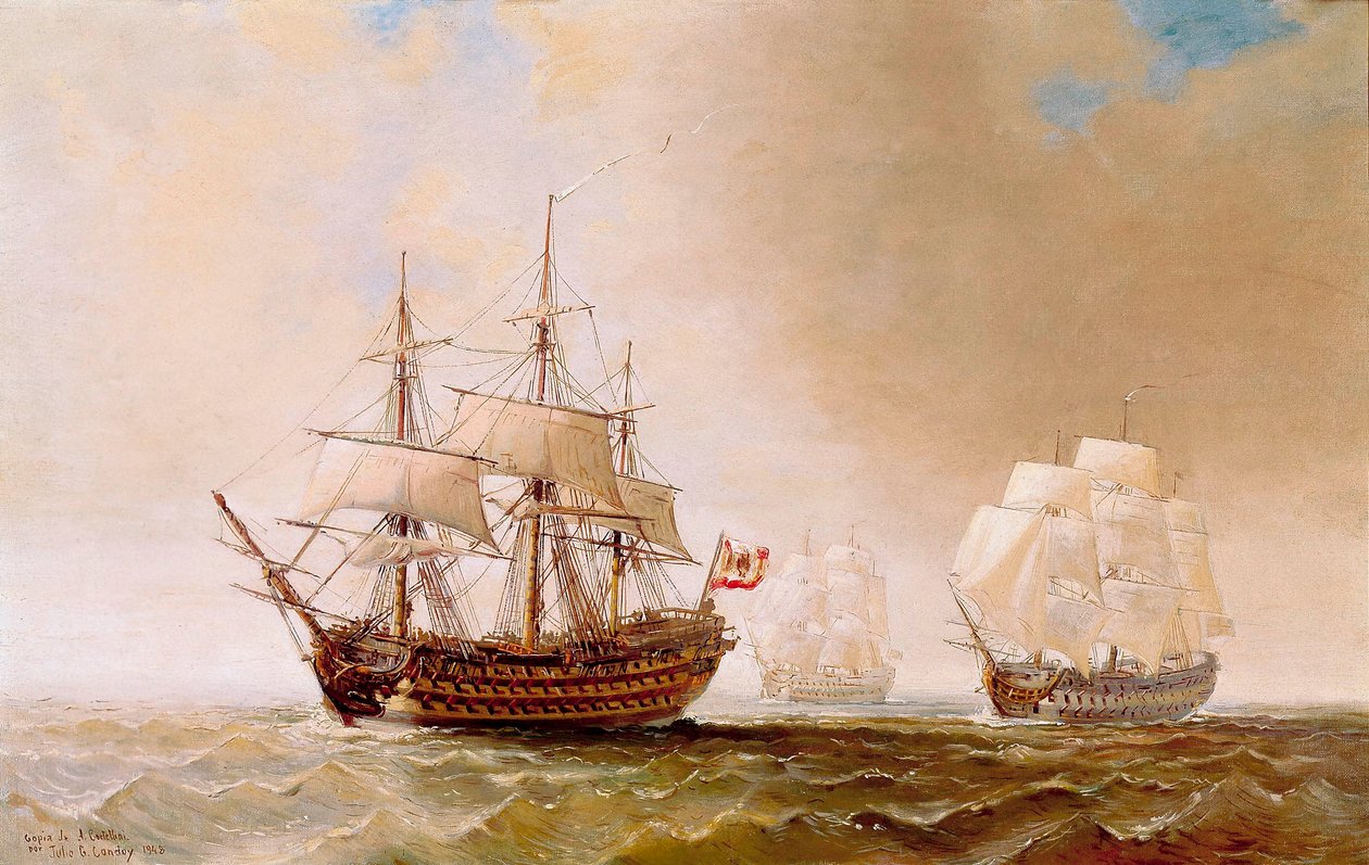 O navio espanhol San Hermenegildo na Batalha de Trafalgar, em 21/10/1805: a frota franco-espanhola, sob o comando do almirante Villeneuve, enfrentou a frota britânica comandada pelo vice-almirante Nelson. Pintura anónima do século XIX de Unbekannter Künstler