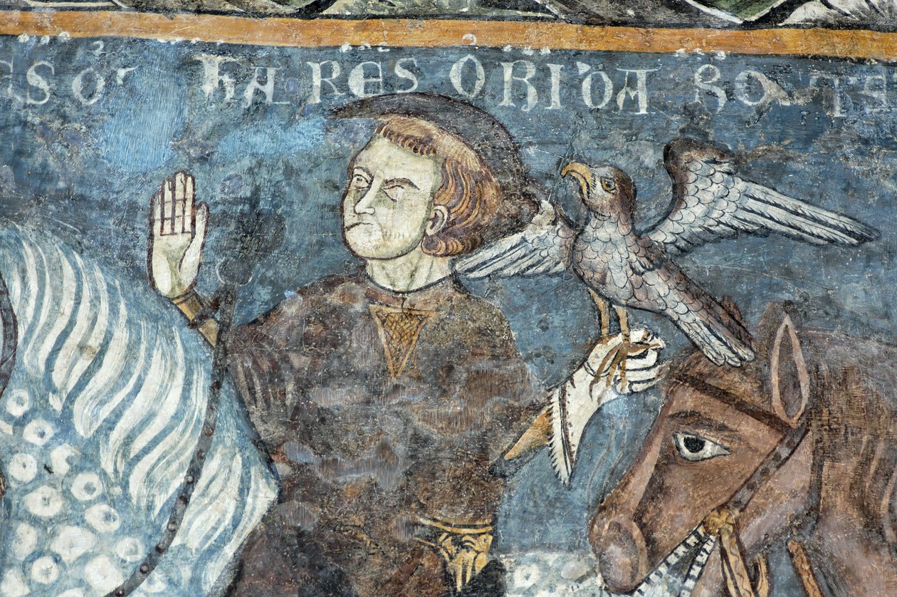 Lenda da fundação da Abadia de Vezzolano: O rei Carlos Magno (Carlos I, o Grande) (742-814) caçou falcão. Dizia-se que tinha a origem da construção da abadia. Fresco do claustro da abadia de Vezzolano. Piemont, Itália. de Unbekannt