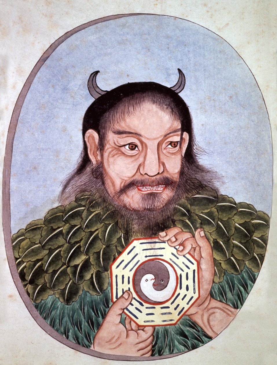 O lendário imperador chinês Fu Hi, um dos fundadores do taoísmo (2582 a.C.), transporta o medalhão com Yin e Yang, gravura chinesa, finais do século XVIII de Unbekannter Künstler