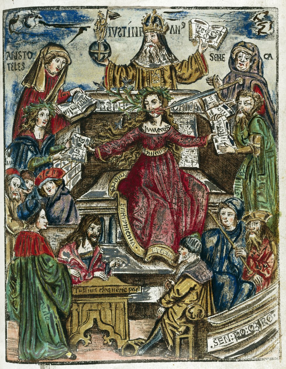 Os ramos do conhecimento do século XVI: cada um representado por diferentes personalidades: acima, Aristóteles (384-322 AC) para a filosofia e Séneca (Lucius Annaeus Séneca, 4 AC-65) para a moralidade de Unbekannt