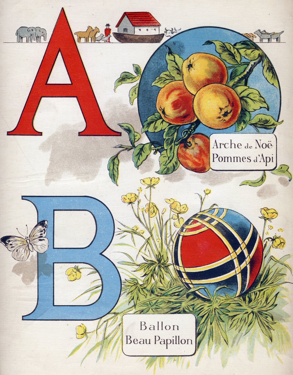 Letras A e B: Arca do Noé, Maçã Espinhosa, Balão e linda borboleta. Gravura em "ABC L