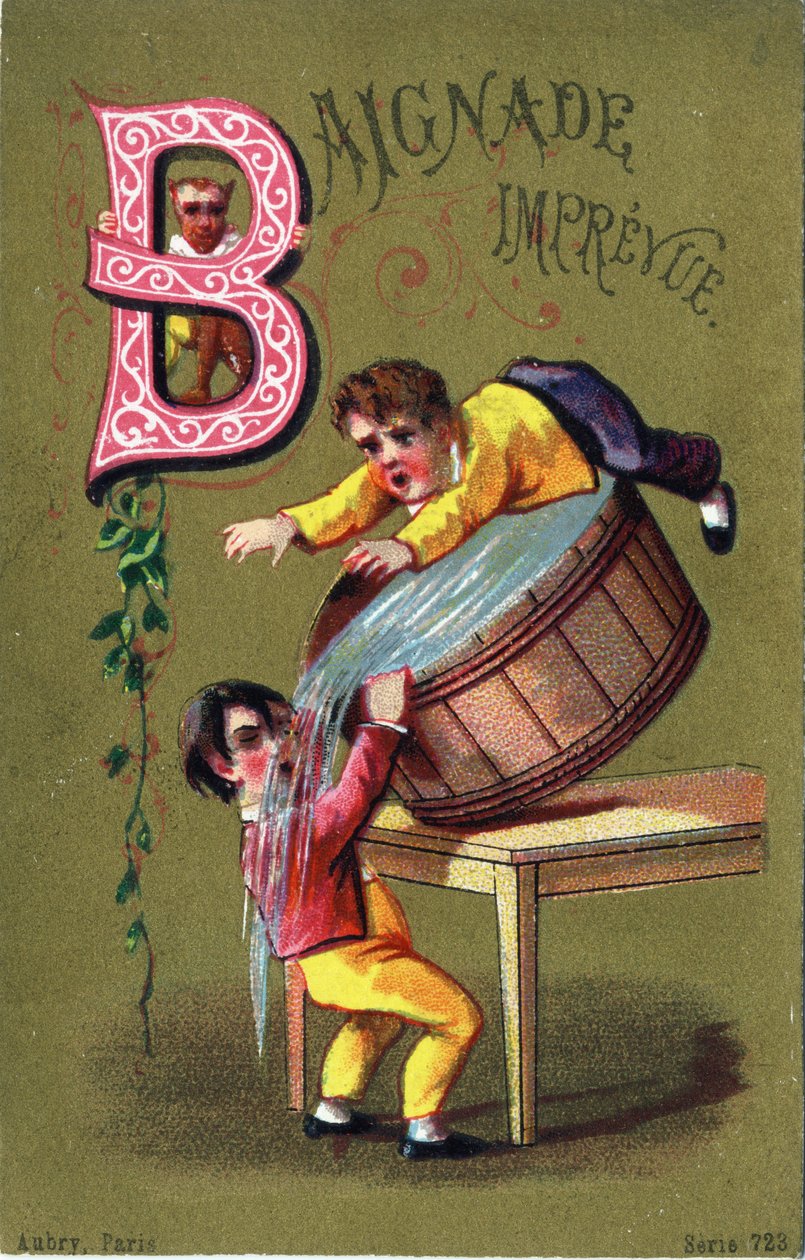 Carta B: Banhos imprevisíveis. Gravura no "Alfabeto dos grotescos". Série de 25 cromolitógrafos publicitários sobre um fundo de dorso, finais do século XIX. Dim: 11x 7 cm de Unbekannt