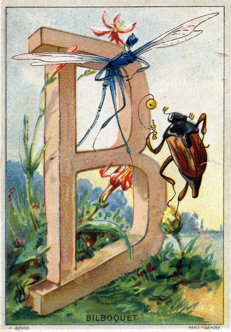 Carta B como Bilboquet. O alfabeto artístico do Sr. Marinier. Editado por Henry Sicard, finais do século XIX. Cromolitógrafos publicitários para produtos vendidos em farmácias. Dim: 12,5 x 9 cm de Unbekannt
