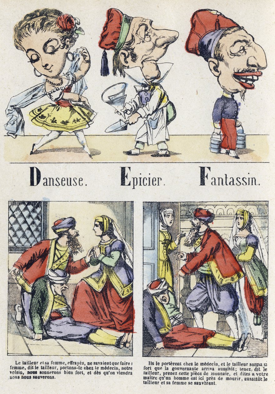 Letras D, E e F: dançarino, merceeiro e infantaria. Alfabeto do Conto do Leste. Imaging of Epinal, cerca de 1890. Série popular. Pequeno livreto de 8 páginas. Dim: 205x150mm. Gravuras em madeira estampada sobre o tema dos métiers. de Unbekannt
