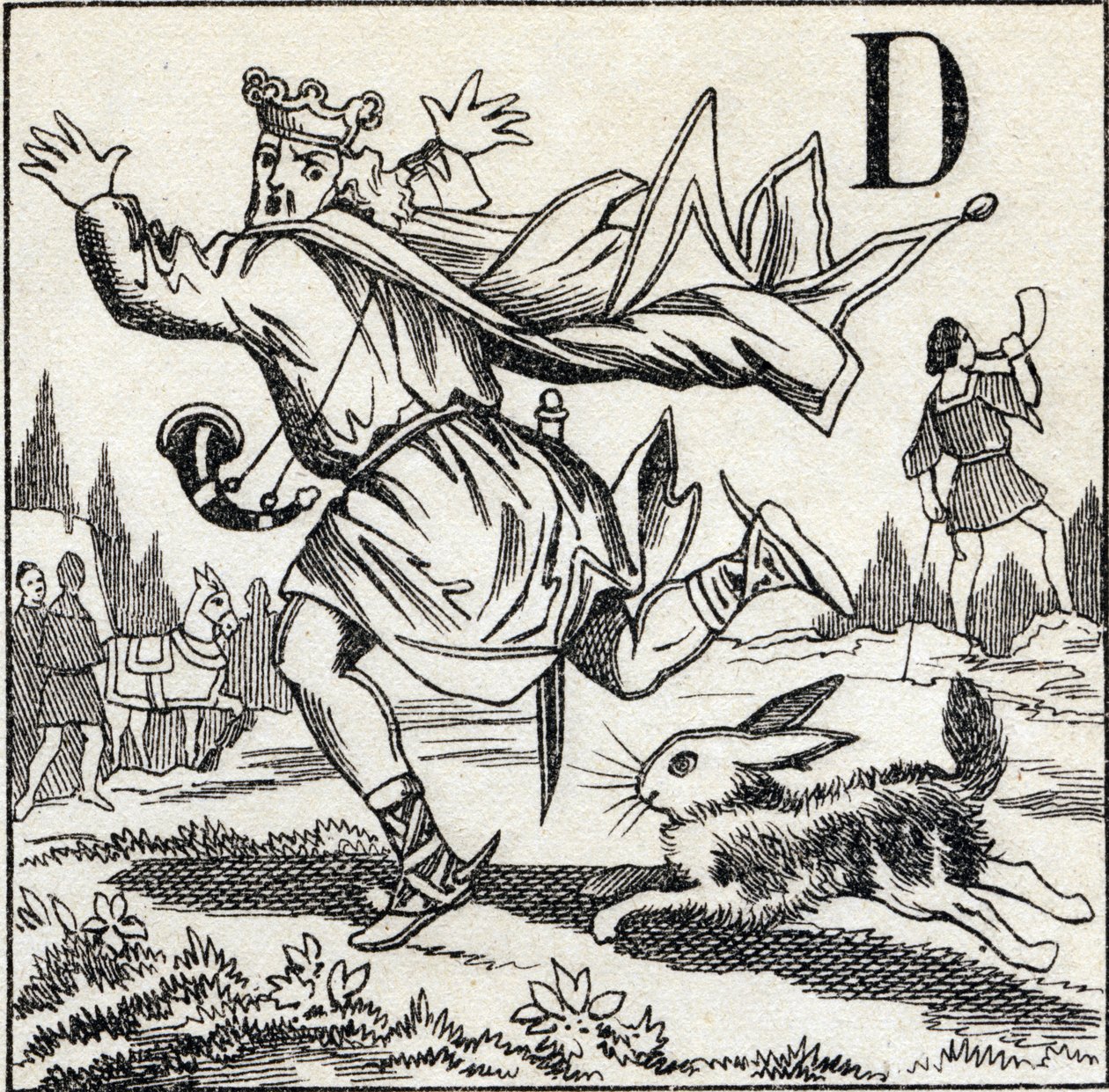 Carta D: Rei Dagobert perseguido por uma lebre. Gravura em "ABC Les Images en Alphabet". Imagem epinal. Pellerin e Cie, impressora-editora, Epinal, final do século XIX, cerca de 1890. 10 páginas. Dim: 19,5 x 13,5 cm. de Unbekannt