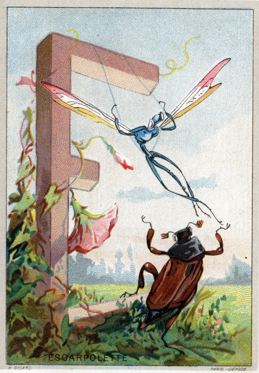Carta E como Escarpolette. O alfabeto artístico do Sr. Marinier. Editado por Henry Sicard, finais do século XIX. Cromolitógrafos publicitários para produtos vendidos em farmácias. Dim: 12,5 x 9 cm de Unbekannt