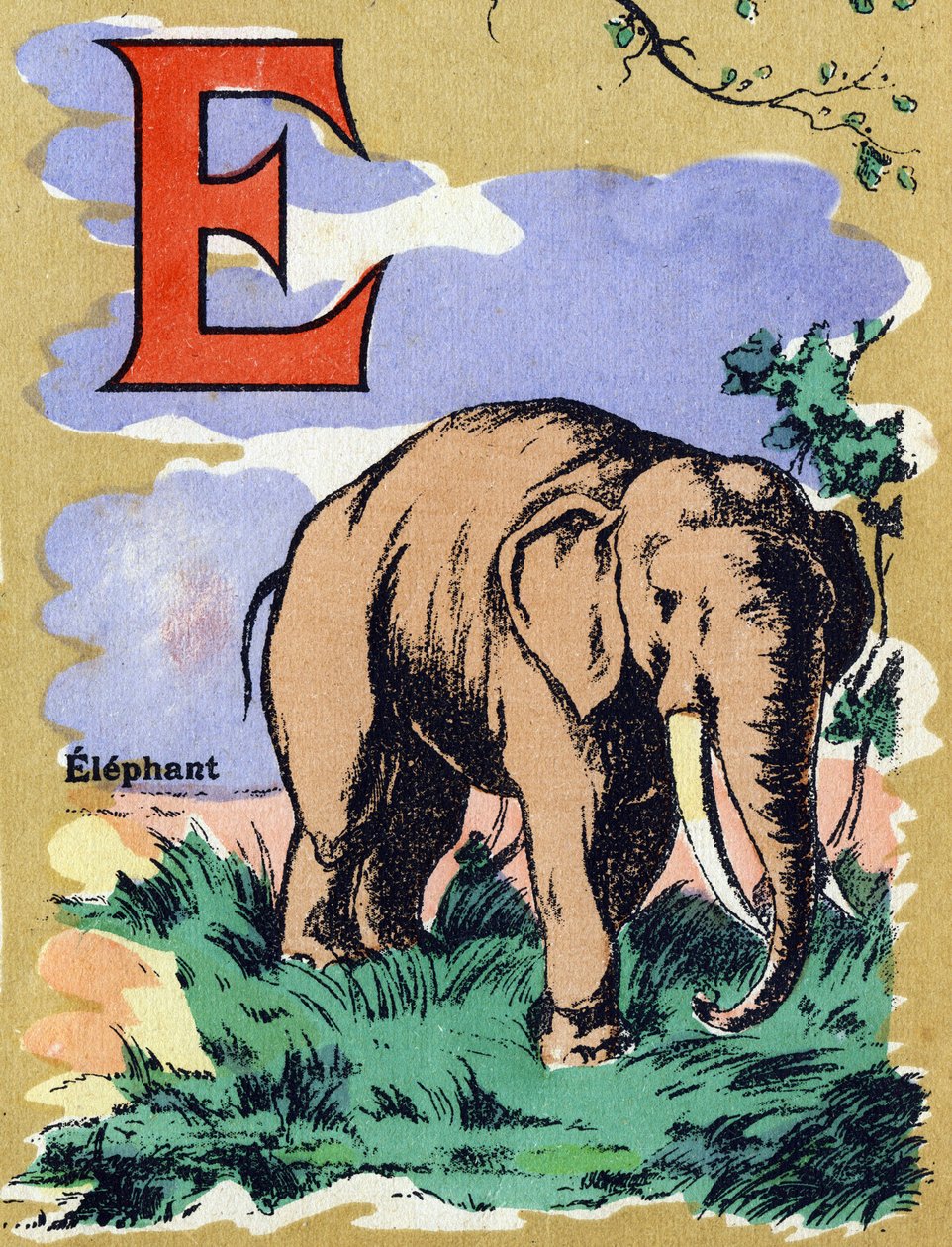Carta E como um elefante. Alfabeto ilustrado. Imagens reunidas em Jarville-Nancy, início do século XX. Dim: 40 x 29 cm. Litografia sobre fundo de bistre. de Unbekannt