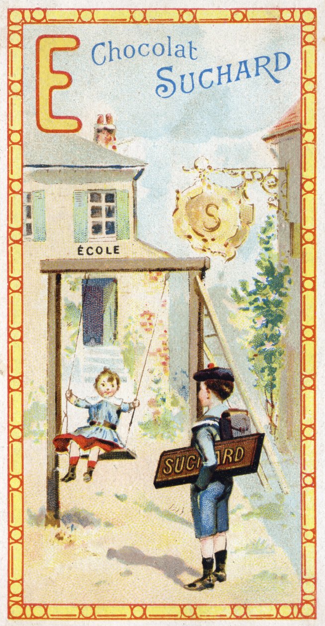 Carta E: escola, crianças, escarpolette, crachá, placa, entrada, escada, aluno. Gravura do Alfabeto editada por Chocolat Suchard, início do século XX. 24 cromolitógrafos representando lugares, personagens e objetos a serem descobertos no de Unbekannt
