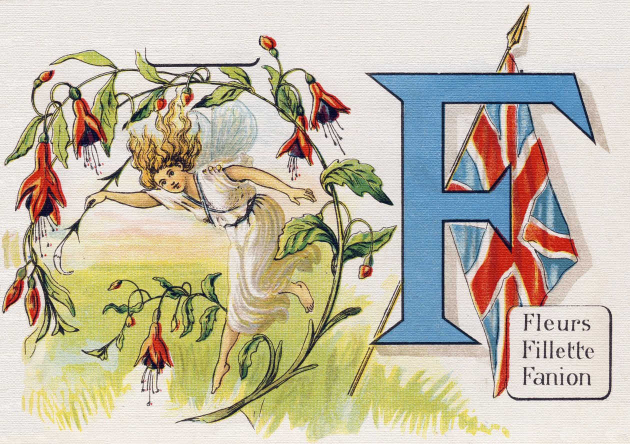 Carta F: Flores, Menina, Pennant. Gravura em "ABC L