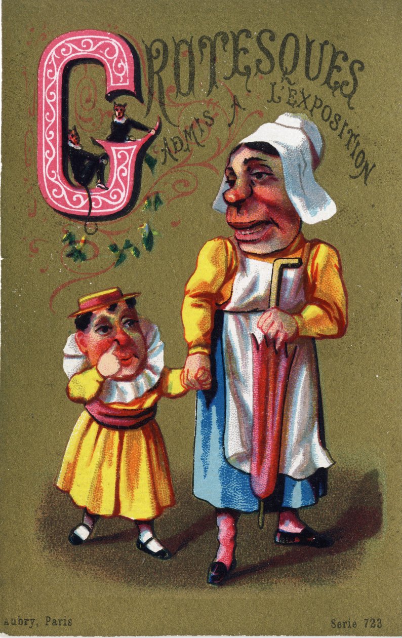 Carta G: Grotesques admitidos à exposição. Gravura no "Alfabeto dos grotescos". Série de 25 cromolitógrafos publicitários sobre um fundo de dorso, finais do século XIX. Dim: 11x 7 cm de Unbekannt