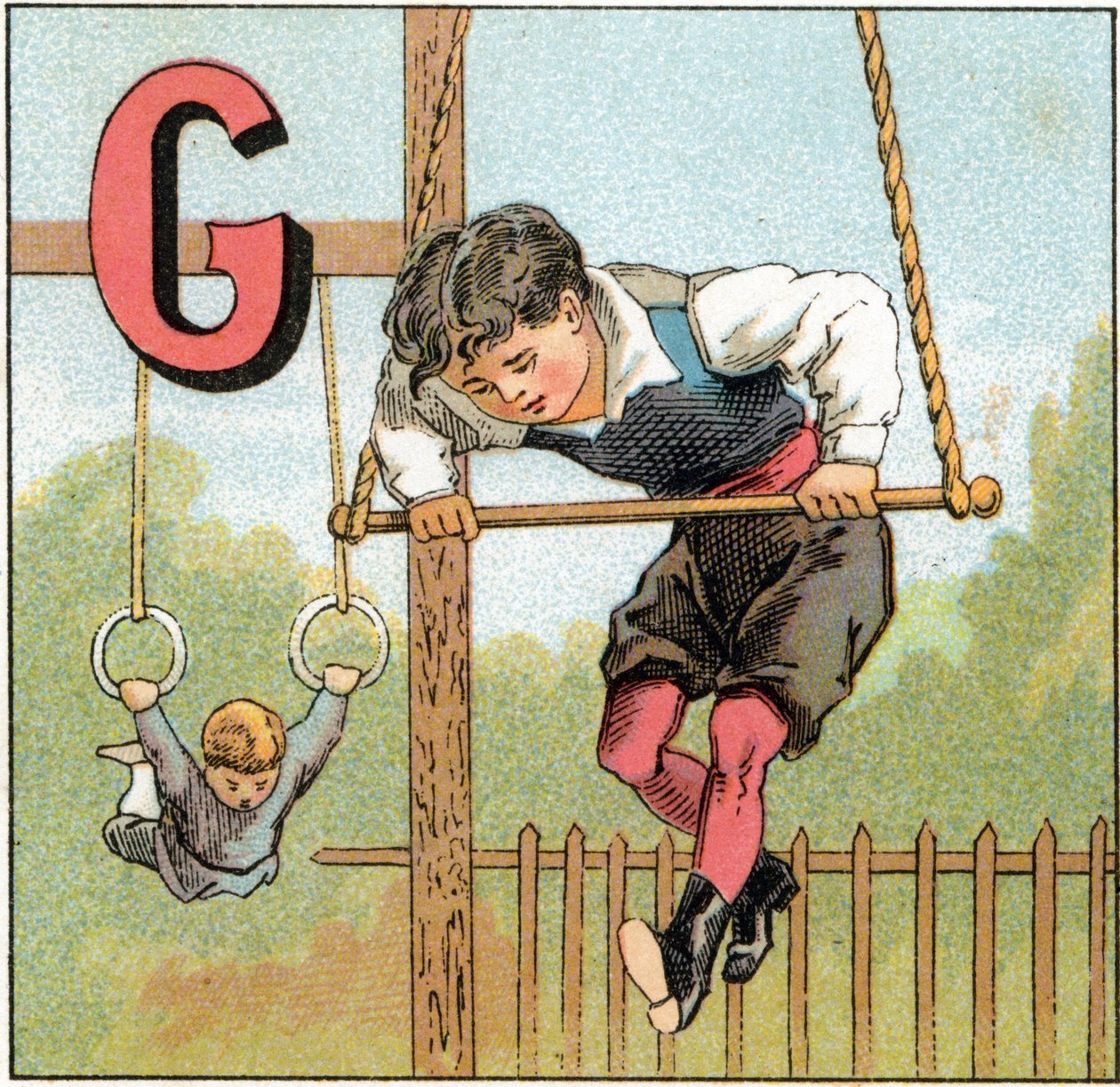Carta G para ginástica. Gravura no "Alfabeto dos petits ecoliers". Imaging of Epinal, cerca de 1885. Coleção Privee de Unbekannt