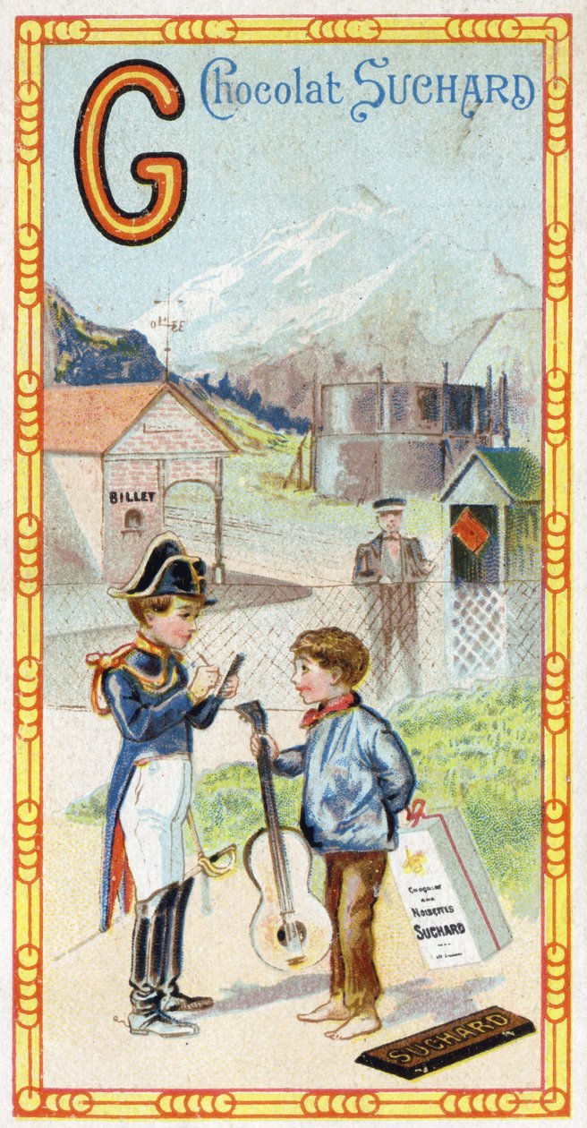 Letra G: geleira, gendarme, gazômetro, garoto, estação, guerreiro, palheta, violão. Gravura do Alfabeto editada por Chocolat Suchard, início do século XX. 24 cromolitógrafos representando lugares, personagens e objetos a serem descobertos na imagem de Unbekannt