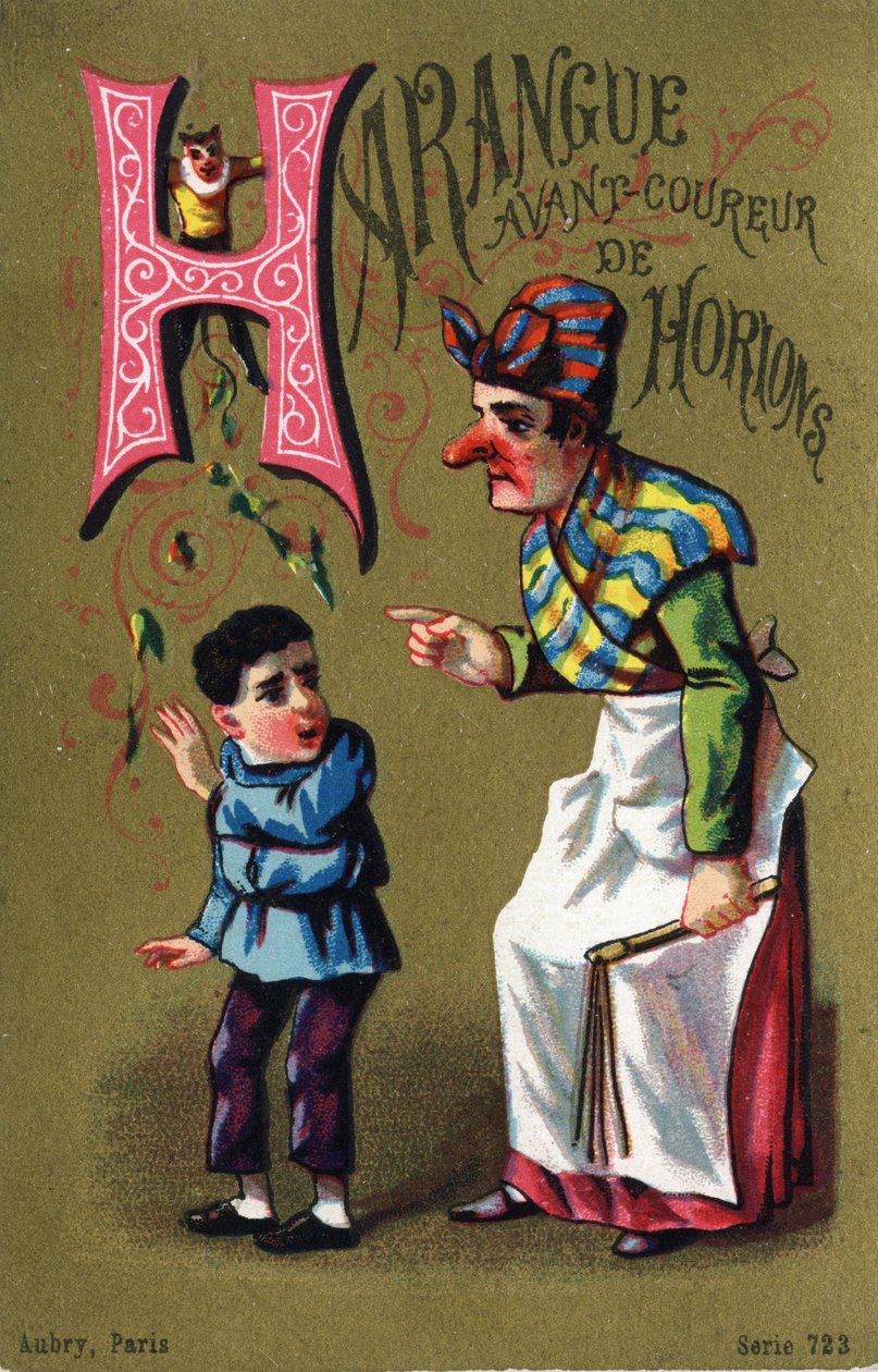 Letra H: Harangue antes do horion runner. Gravura no "Alfabeto dos grotescos". Série de 25 cromolitógrafos publicitários sobre um fundo de dorso, finais do século XIX. Dim: 11x 7 cm de Unbekannt