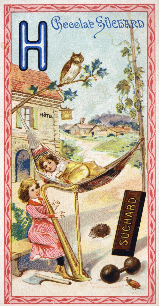Letra H: hotel, coruja, rede, harpa, machado, herisson, lúpulo, halteres, tagarelice, aldeia. Gravura do Alfabeto editada por Chocolat Suchard, início do século XX. 24 cromolitógrafos representando lugares, personagens e objetos a serem descobertos em de Unbekannt