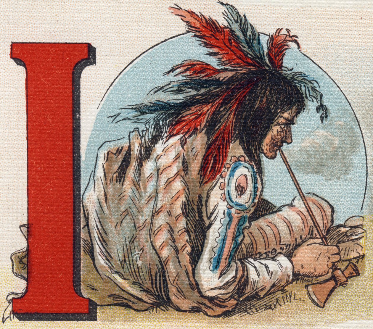 Carta I: Índio americano. Gravura em "Alfabeto de ma petite fille". Bernardin-Bechet e Fils, livreiro-editores, Paris, por volta de 1895. Álbum inquebrável em lona. Bibliotheque des Bebes. 12 páginas. Álbum contendo um método de leitura e uma ilustração. de Unbekannt