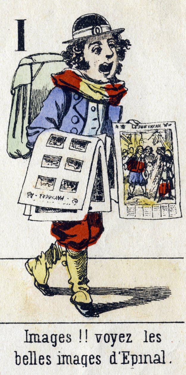 Carta I: "Imagens!! veja as belas imagens de Epinal". Alfabeto "A diversão das crianças". Imagens de Epinal, por volta de 1890. Série popular. Pequeno livreto de 8 páginas . Gravuras em madeira estampada sobre o tema dos pequenos metiers de rua e os gritos de Unbekannt