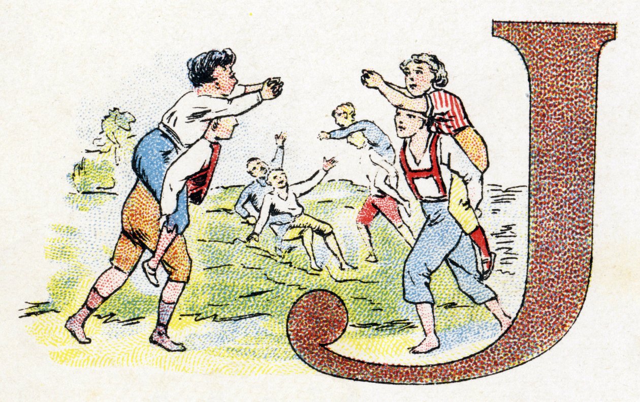 Letra J: Jogo. Alfabeto de Fosfatino Falieres . Gravura. Alfabeto Brevete S.G.D.G. do farmacêutico Pierre Emile Falieres . Ilustrações em cromolitografia, final do século XIX. 16 páginas. Dim: 103x154mm de Unbekannt