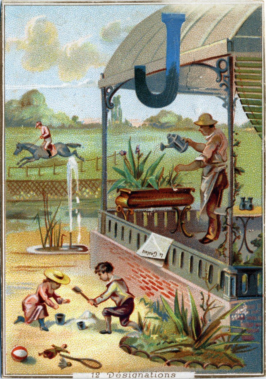 Letra J: jardim; jogo; brinquedos; jóquei; jardineiro; jardineiro; binóculos; jato; jornal. Alfabeto . Em cada imagem, há uma série de palavras ilustres cujas representações são encenadas. Cromolitógrafos da litografia parisiense, cerca de 1890. Dim: 10,7x de Unbekannt