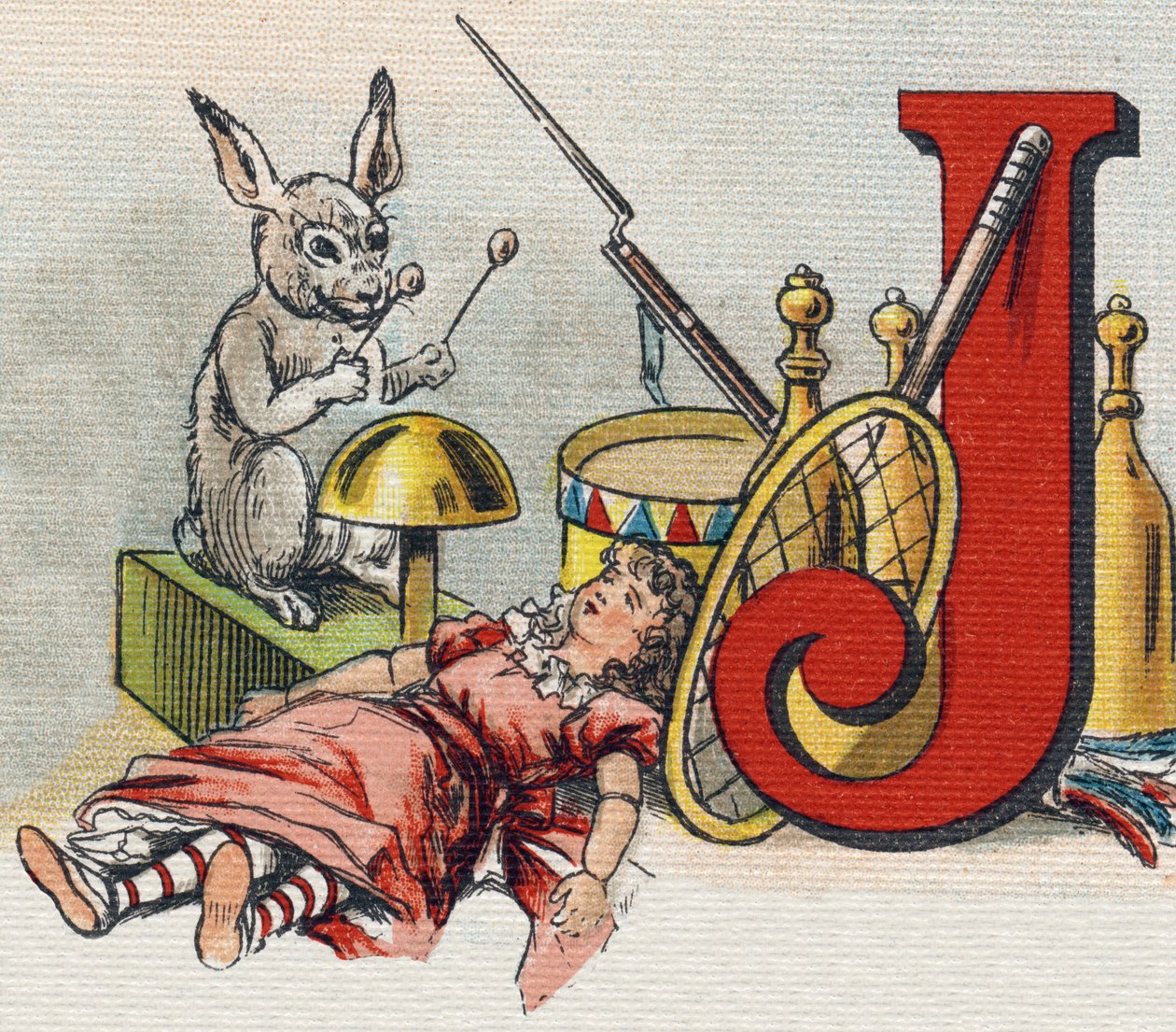 Letra J: brinquedos. Gravura em "Alfabeto de ma petite fille". Bernardin-Bechet e Fils, livreiro-editores, Paris, por volta de 1895. Álbum inquebrável em lona. Bibliotheque des Bebes. 12 páginas. Álbum contendo um método de leitura e um abecedário ilustrat de Unbekannt