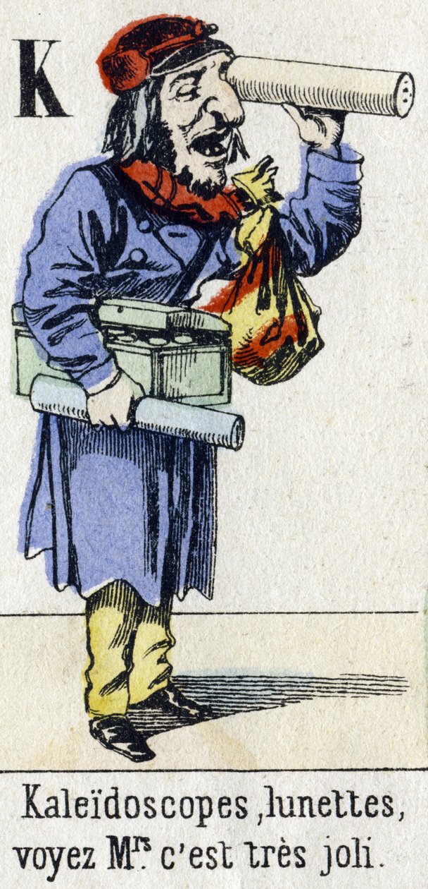 Carta K: "Caleidoscópios, óculos, veja a Sra., é muito bonito." Alfabeto: "Diversão infantil". Imaging of Epinal, cerca de 1890. Série popular. Pequeno livreto de 8 páginas . Gravuras em madeira estampada sobre o tema dos pequenos metiers de rua e os grito de Unbekannt