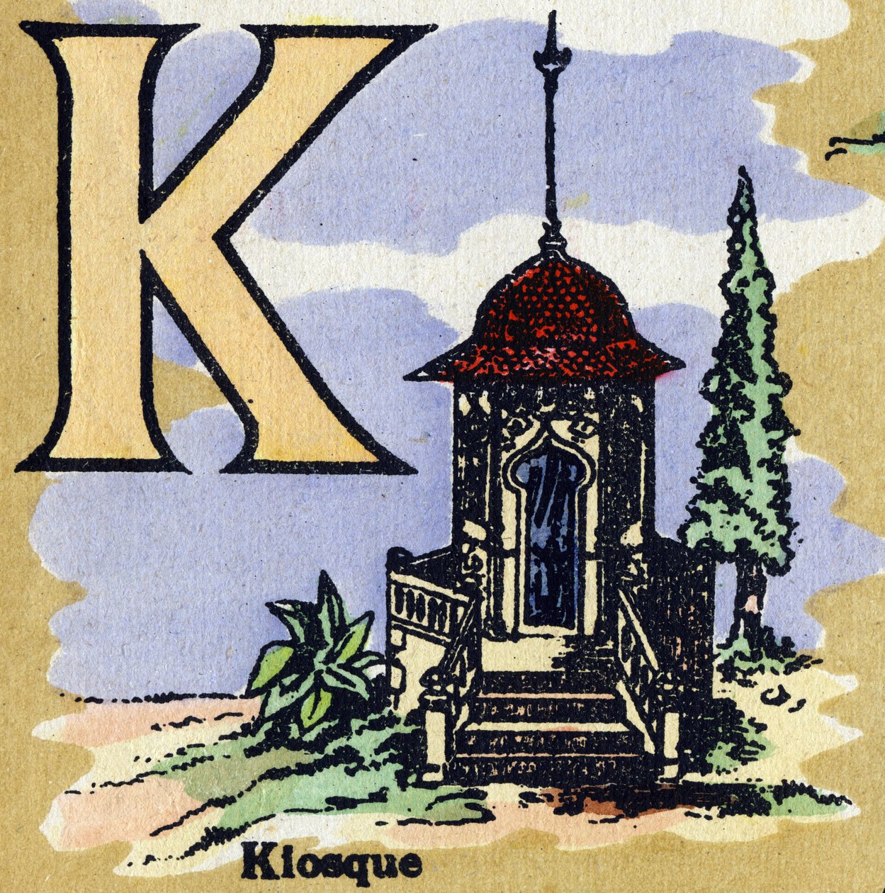 Carta K como quiosque. Alfabeto ilustrado. Imagens reunidas em Jarville-Nancy, início do século XX. Dim: 40 x 29 cm. Litografia sobre fundo de bistre. de Unbekannt