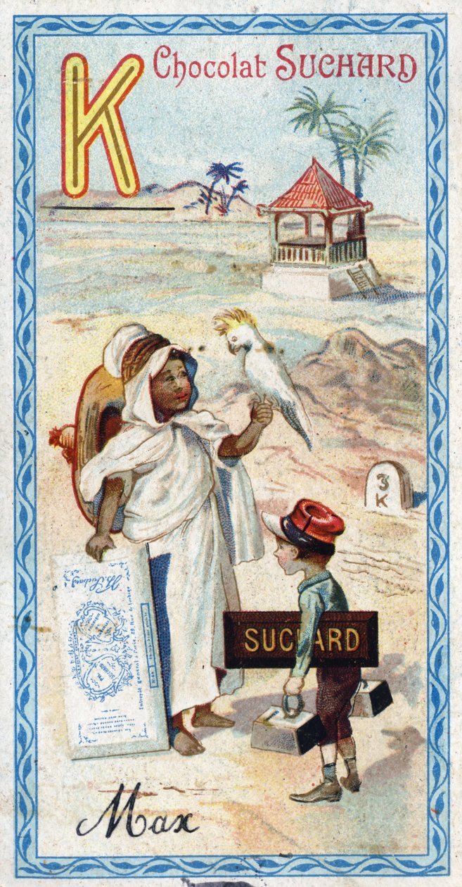 Letra K: kabyle, kepi, quilograma, kakatoes, quiosque, quilômetro. Gravura do Alfabeto editada por Chocolat Suchard, início do século XX. 24 cromolitógrafos representando lugares, personagens e objetos a serem descobertos na imagem. Dim: 105x55mm de Unbekannt