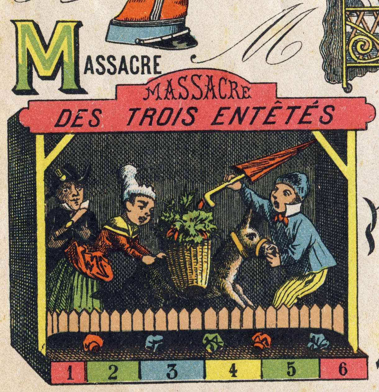 Carta M . Gravação em "Brinquedos ABC". Imagem epinal em cromolitografia, cerca de 1890. Pequeno livreto de 8 páginas. Dim: 195x135mm, destinado a receber um anúncio na 4ª capa. Utilizado em casa, oferece um abecedário ilustre e um pequeno método de leitur de Unbekannt