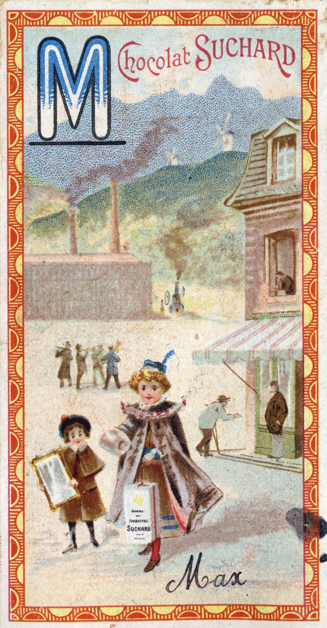 Letra M: montanha, espelho, máquina, fabricação, casaco, mendigo, moinho. Gravura do Alfabeto editada por Chocolat Suchard, início do século XX. 24 cromolitógrafos representando lugares, personagens e objetos a serem descobertos na imagem. Dim: de Unbekannt