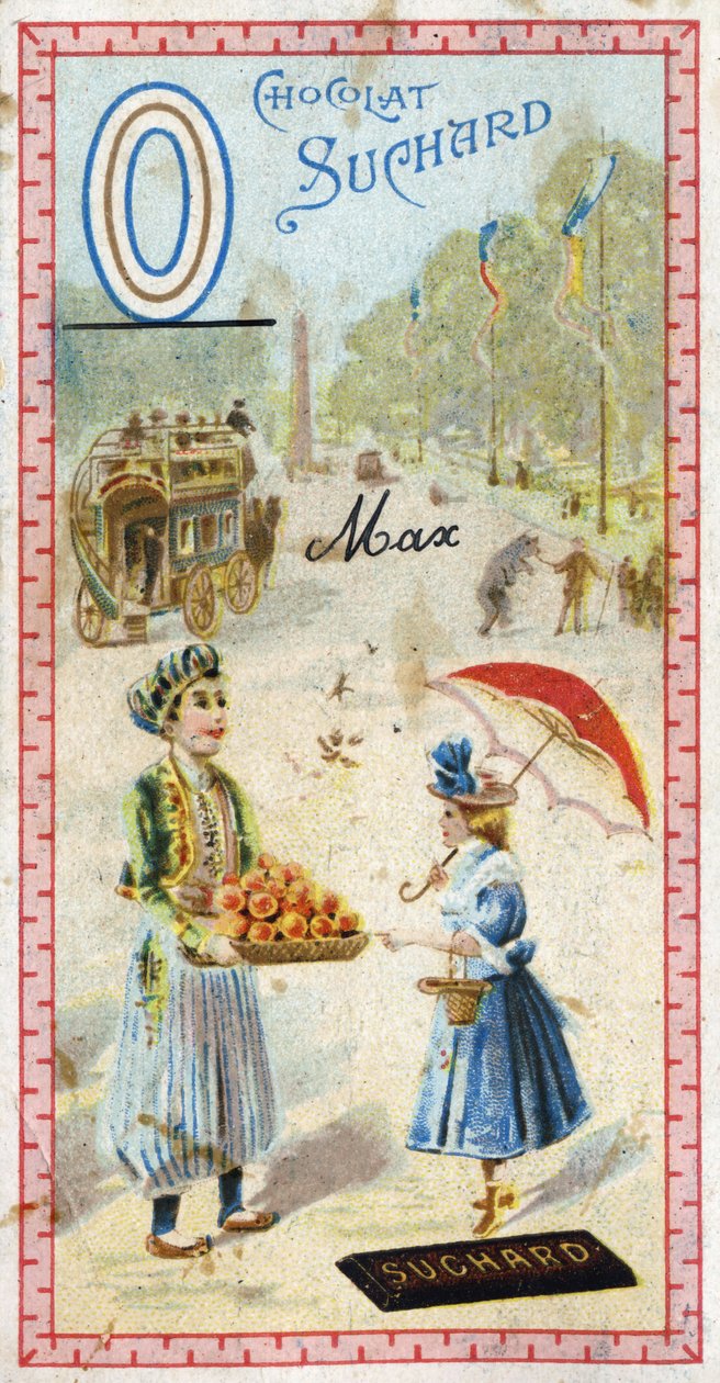 Carta O: omnibus, otomano, guarda-chuva, oriflame, laranja, obelisco, urso. Gravura do Alfabeto editada por Chocolat Suchard, início do século XX. 24 cromolitógrafos representando lugares, personagens e objetos a serem descobertos na imagem. Di de Unbekannt