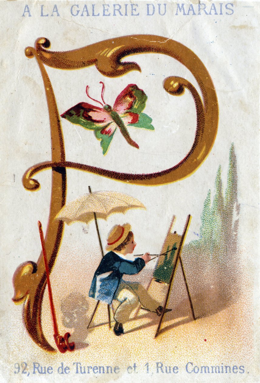Letra P: pintor, borboleta, guarda-sol, cachimbo. Alfabeto Art Nouveau: Série de 25 cromolitografias publicitárias. Litografia de Alfred Clarey, final do século XIX. Escurecer 115x75mm de Unbekannter Künstler