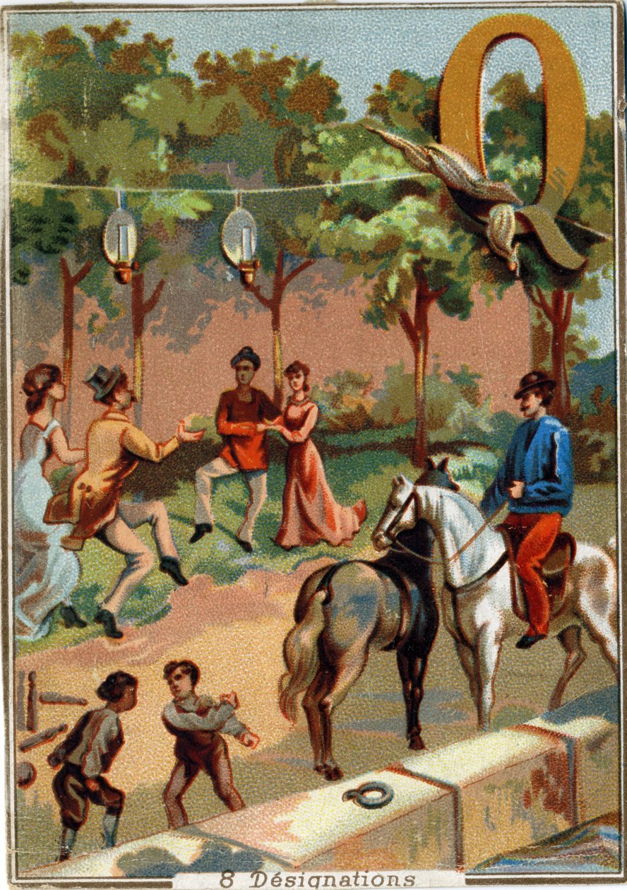 Carta Q: quadrilha; briga; boliche; rabo de gato; quinquénios; quatro; cais. Alfabeto . Em cada imagem, há uma série de palavras ilustres cujas representações são encenadas. Cromolitógrafos da litografia parisiense, cerca de 1890. Dim: 10,7x7,5cm . de Unbekannt