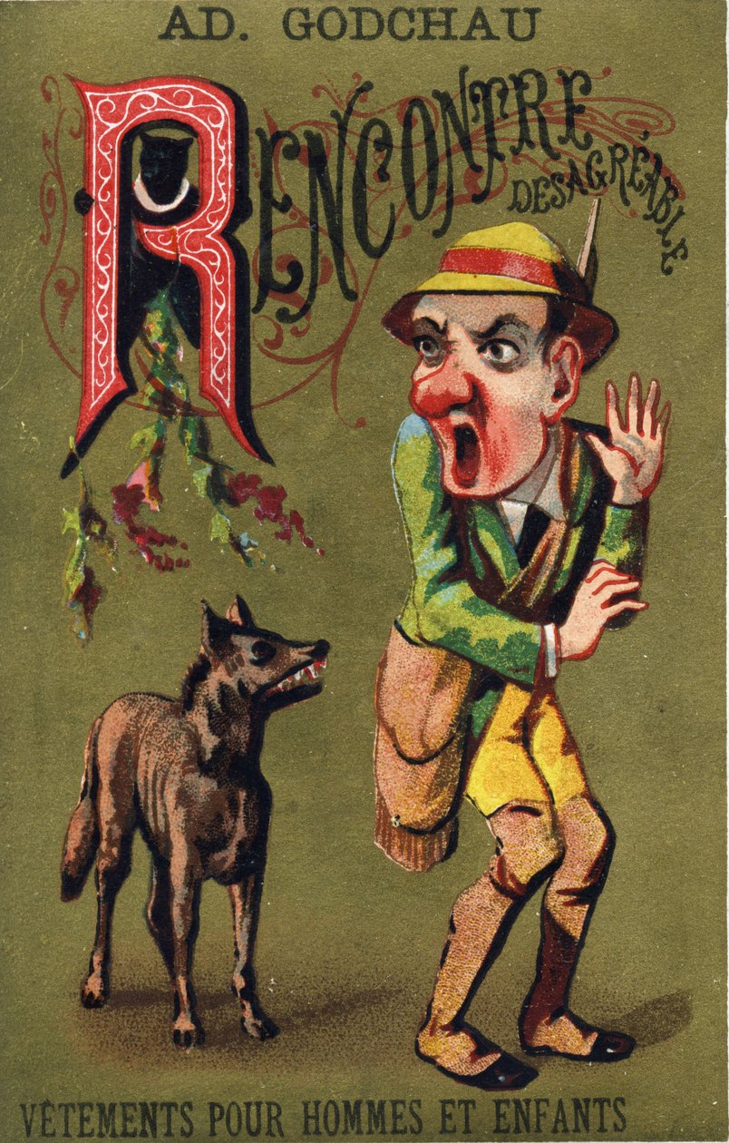 Carta R: Reunião discordante. Gravura no "Alfabeto dos grotescos". Série de 25 cromolitógrafos publicitários sobre um fundo de dorso, finais do século XIX. Dim: 11x 7 cm de Unbekannt