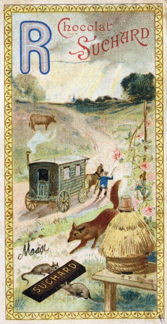 Carta R: raios, ruminantes, reboque, colmeia, raposa, ratos, rosa. Gravura do Alfabeto editada por Chocolat Suchard, início do século XX. 24 cromolitógrafos representando lugares, personagens e objetos a serem descobertos na imagem. Dim: 105x55mm de Unbekannt