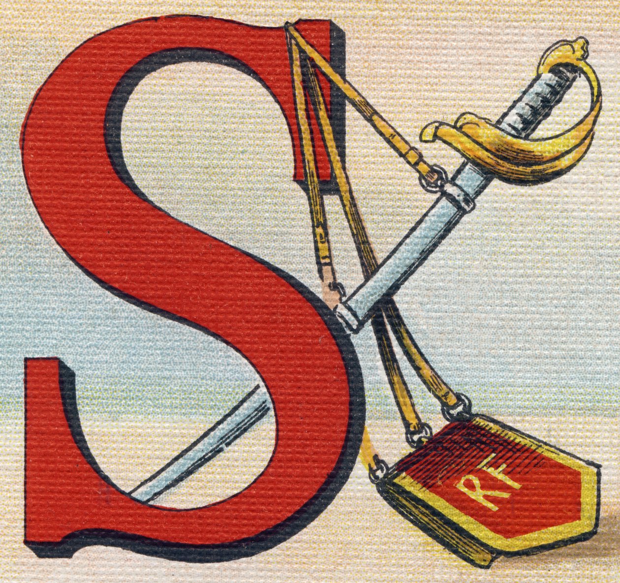 Carta S: Sabre. Gravura em "Alfabeto de ma petite fille". Bernardin-Bechet e Fils, livreiro-editores, Paris, por volta de 1895. Álbum inquebrável em lona. Bibliotheque des Bebes. 12 páginas. Álbum contendo um método de leitura e um abecedar ilustrativo. de Unbekannt