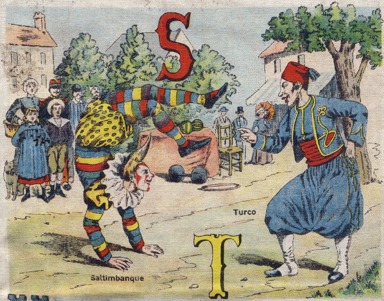Carta S e T: Saltimbanque e Turco . Álbum de Drolatic . Série número 4 em Álbuns - cromo sobre tela . Cromolitógrafos em tecido. Imaging Marcel Vagne, Jarville-Nancy, início do século XX. Dim: 25x17,5cm de Unbekannt