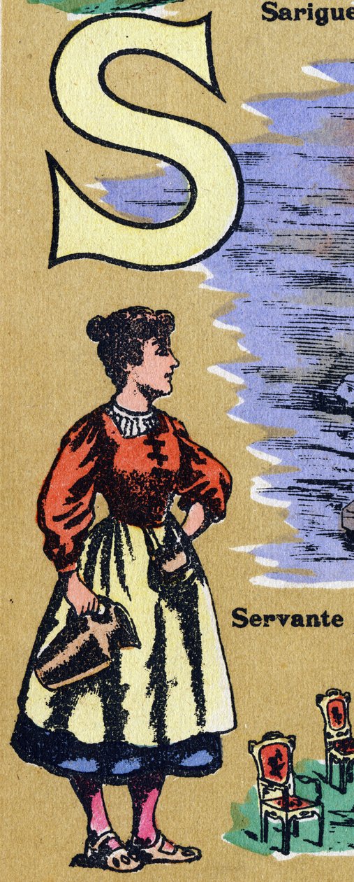 Carta S como empregada. Alfabeto ilustrado. Imagens reunidas em Jarville-Nancy, início do século XX. Dim: 40 x 29 cm. Litografia sobre fundo de bistre. de Unbekannt
