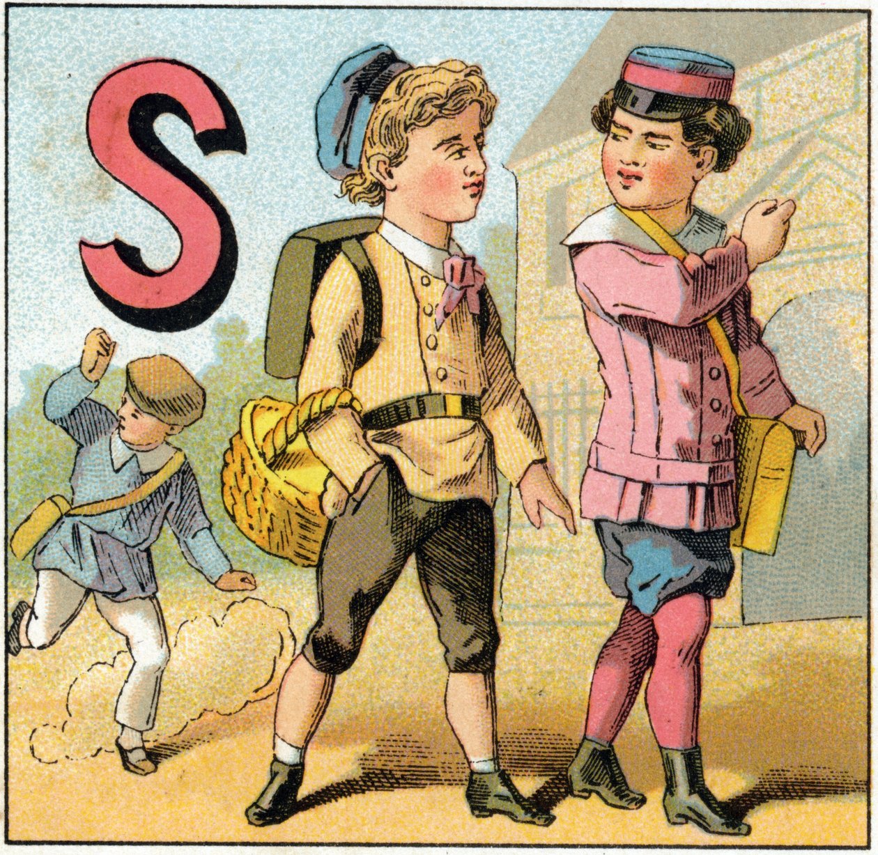 Carta S como saída da escola. Gravura no "Alfabeto dos petits ecoliers". Imaging of Epinal, cerca de 1885. Coleção Privee de Unbekannt