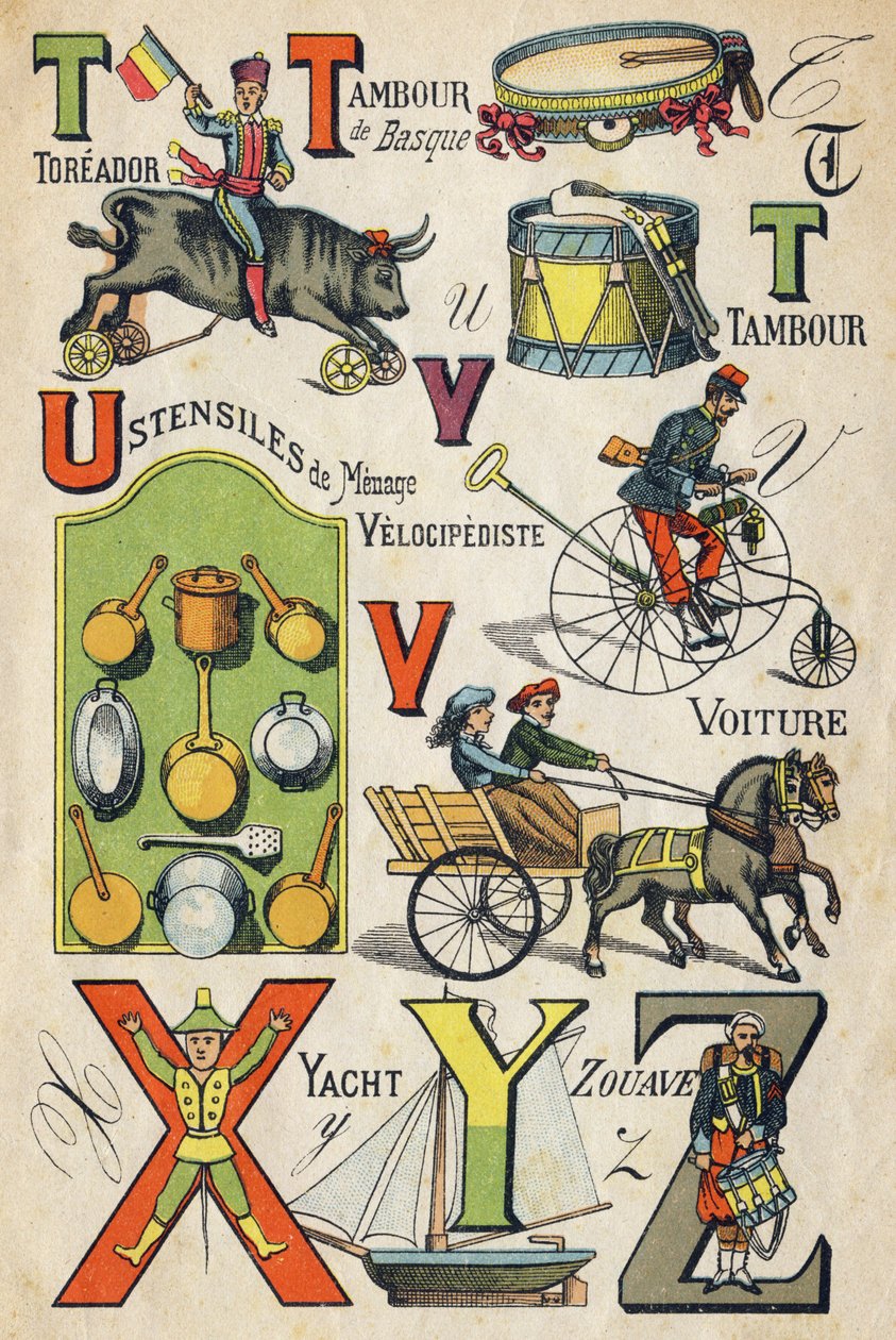 Carta T , U , V , X, Y e Z . Gravação em "Brinquedos ABC". Imagem epinal em cromolitografia, cerca de 1890. Pequeno livreto de 8 páginas. Dim: 195x135mm, destinado a receber um anúncio na 4ª capa. Usa em casa, oferece um ilustre abecedário e um sm de Unbekannt
