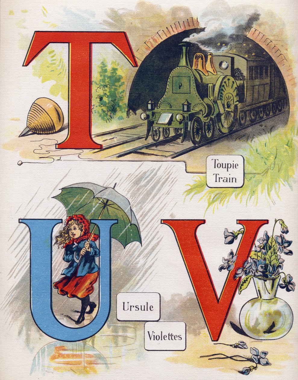 Letras T, U e V: topo, trem, ursula e violeta. Gravura em "ABC L