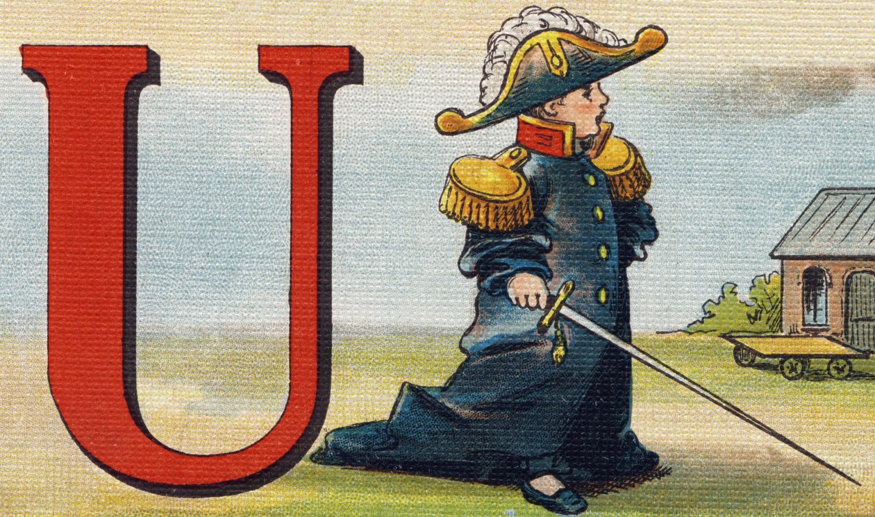 Carta U: uniforme. Gravura em "Alfabeto de ma petite fille". Bernardin-Bechet e Fils, livreiro-editores, Paris, por volta de 1895. Álbum inquebrável em lona. Bibliotheque des Bebes. 12 páginas. Álbum contendo um método de leitura e um abeced ilustrativo. de Unbekannt
