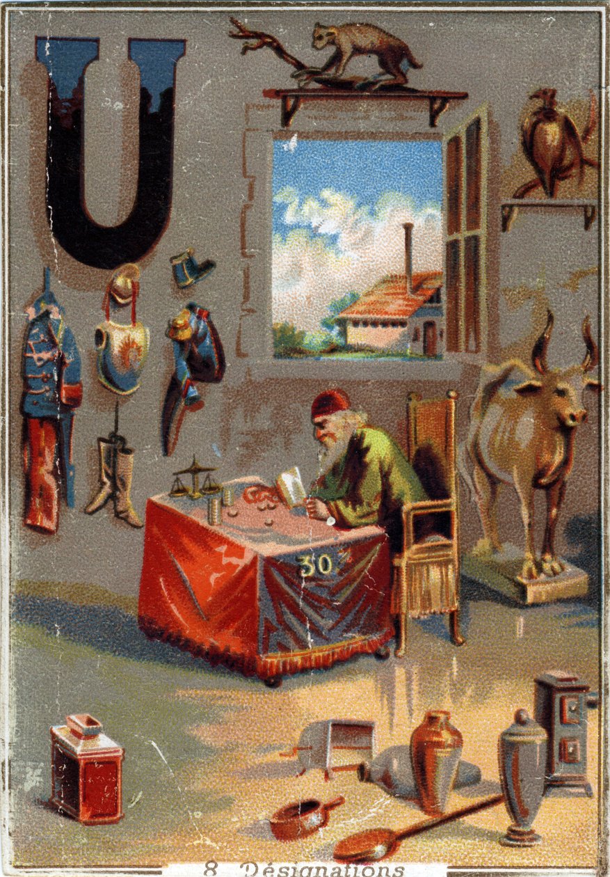 Letra U: uniformes; urna; urubu; urubu; afiador de empréstimos; utensílios; fábrica. Alfabeto . Em cada imagem, há uma série de palavras ilustres cujas representações são encenadas. Cromolitógrafos da litografia parisiense, por volta de 1890. Dim: 10,7x7,5 de Unbekannt