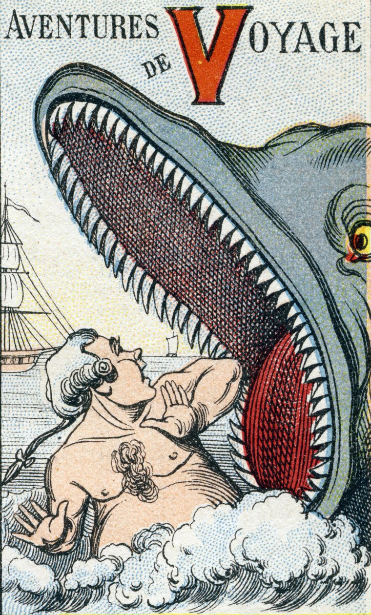 Carta V: Aventuras de Viagem. Gravação em "ABC Les Images en Alphabet". Epinal imaging. Pellerin e Cie, impressora-editora, Epinal, final do século XIX, cerca de 1890. 10 páginas. Dimensões: 19,5 x 13,5 cm. de Unbekannt