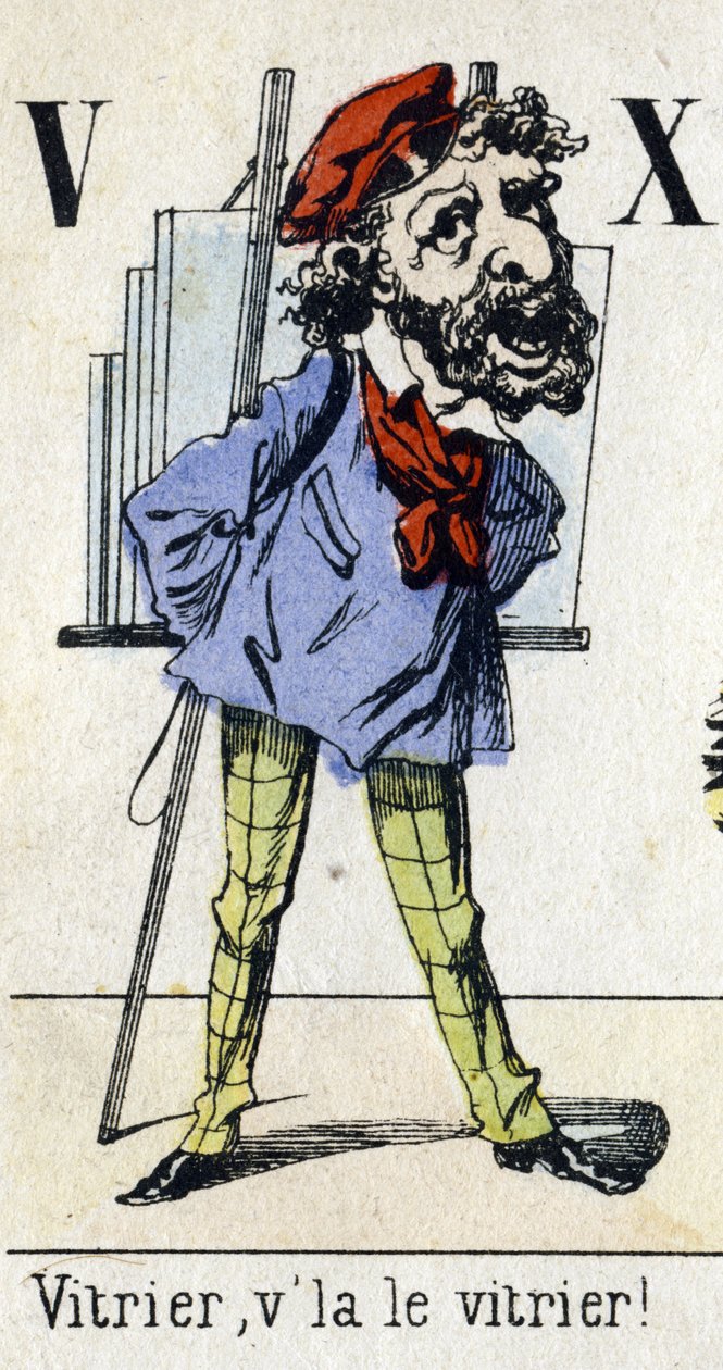 Letras V e X: "Glazier, o glazier!" Alfabeto: "Diversão infantil". Imaging of Epinal, cerca de 1890. Série popular. Pequeno livreto de 8 páginas . Gravuras em madeira estampada sobre o tema dos pequenos metiers de rua e os gritos de Paris. de Unbekannt