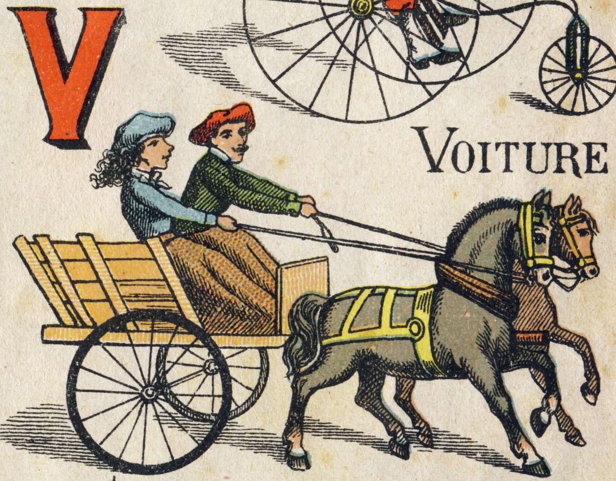 Carta V de carro. Gravação em "Brinquedos ABC". Imagem epinal em cromolitografia, cerca de 1890. Pequeno livreto de 8 páginas. Dim: 195x135mm, destinado a receber um anúncio na 4ª capa. Usa em casa, oferece um ilustre abecedário e uma pequena leitura me de Unbekannt