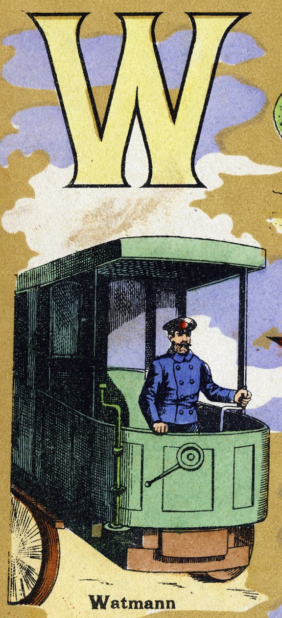 Letra W como Watmann com um maquinista de comboio . Alfabeto ilustrado. Imagens reunidas em Jarville-Nancy, início do século XX. Dimensões: 40 x 29 cm. Litografia sobre um fundo de bistre. de Unbekannt