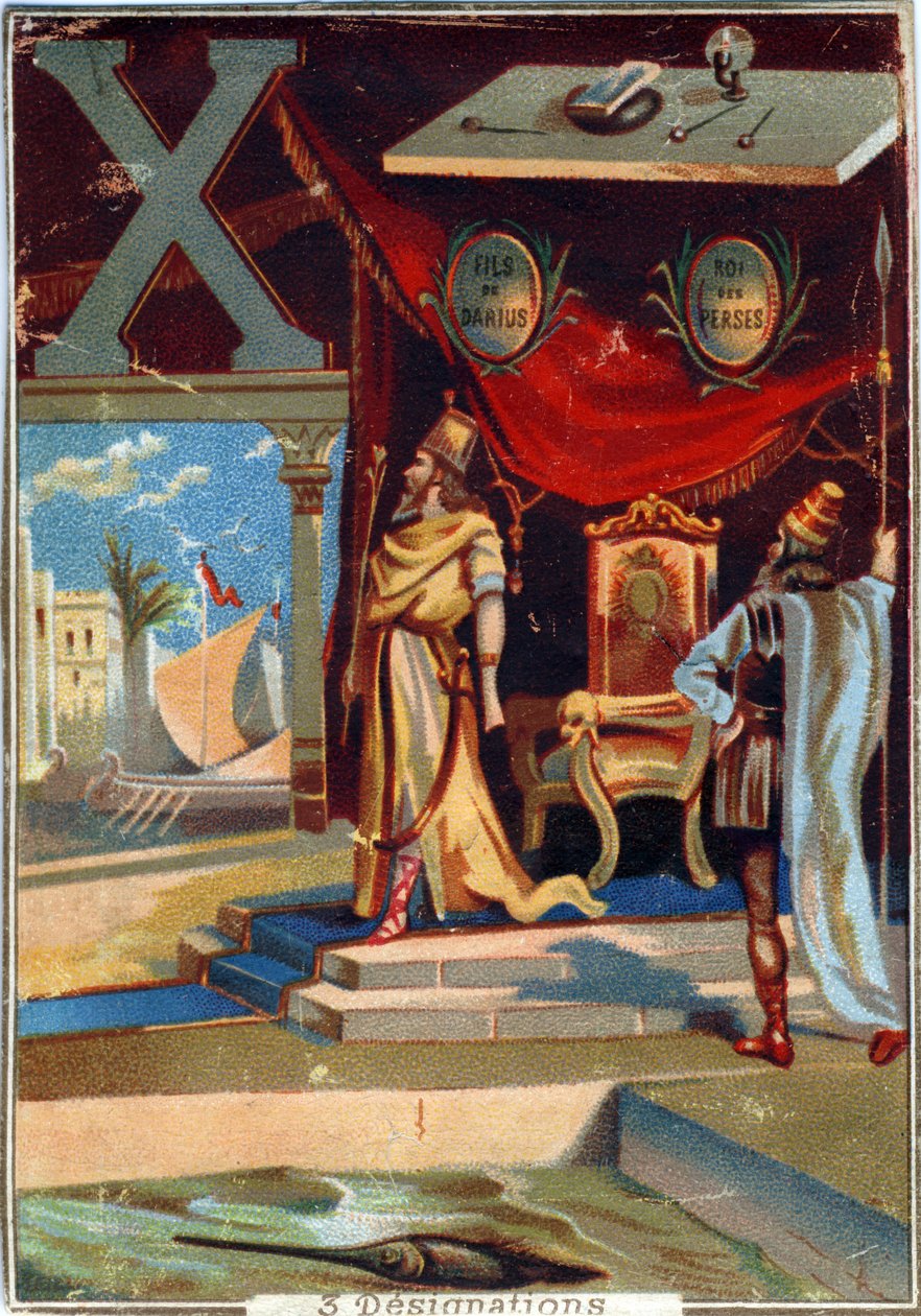 Letra X: Xerxes I ; xilopgrafia; xiphias . Alfabeto . Em cada imagem, há uma série de palavras ilustres cujas representações são encenadas. Cromolitógrafos da Litografia parisiense, cerca de 1890. Dim: 10,7x7,5cm . de Unbekannt